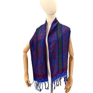 Vintage 80s Ginnie Johansen Royal Blue 100% Silk Baroque Paisley Fringe Scarf